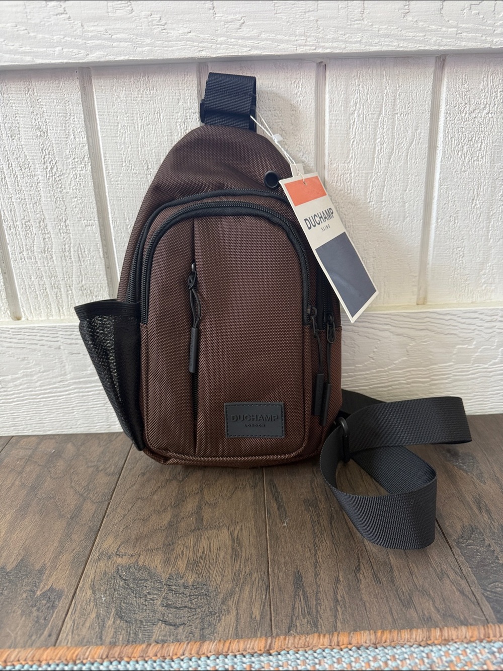 New NWT Duchamp Chocolate Brown Sling Bag with Black Strap